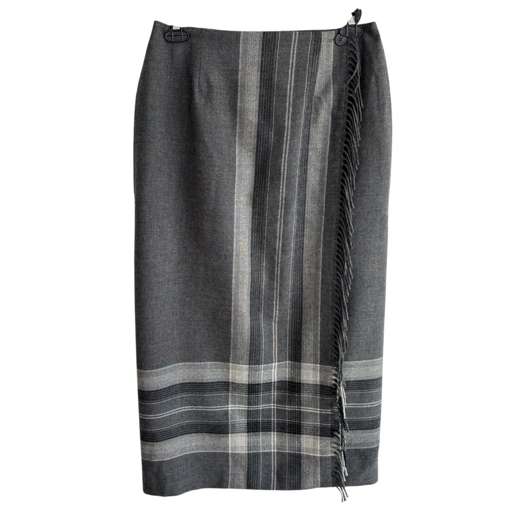 Talbots Gray Plaid Maxi Skirt with Fringe Wrap Detail